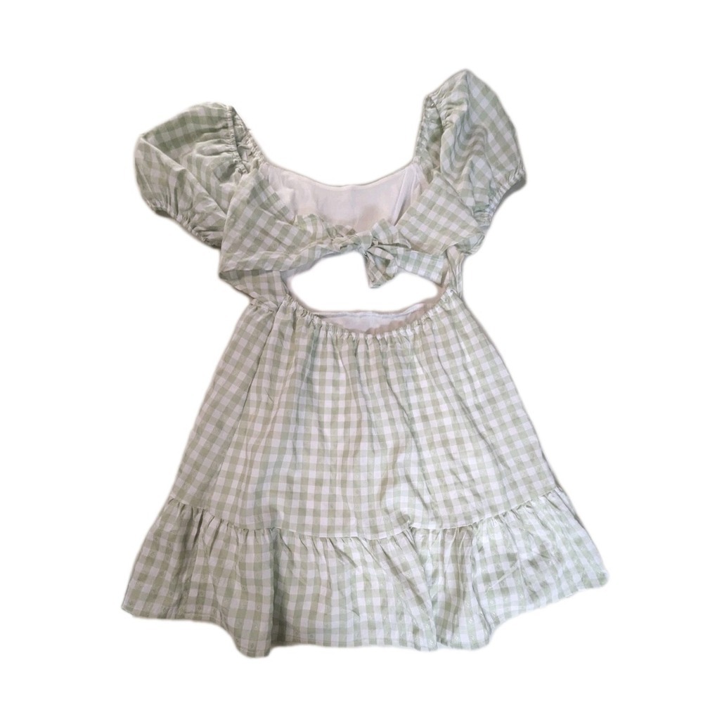 Lily Rose Sage Green Gingham Puff Sleeve Tie-Back Dress – Women's XS - Picture 2 of 16